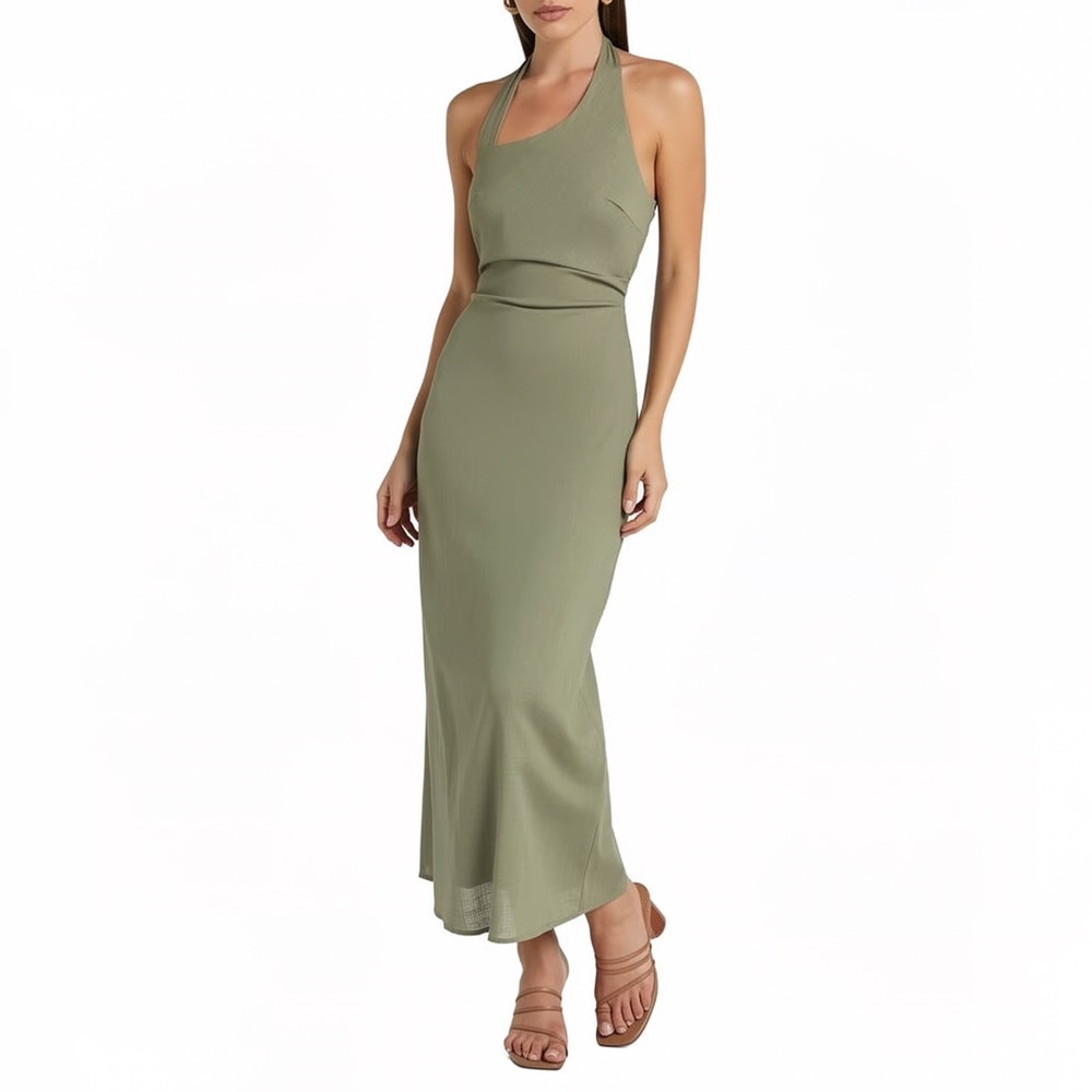 Pink Diamond Lindley Halter Midi Dress Olive Green Linen Look Size 4